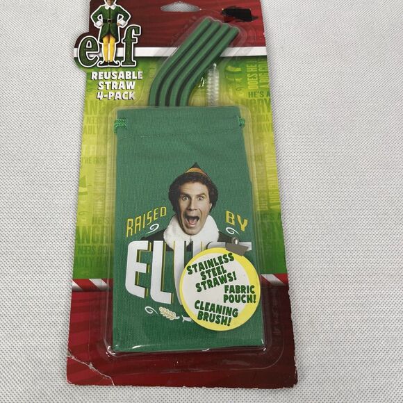ELF Christmas Reusable Green Stainless Steel Metal Straws w Pouch Cleaning Brush - Picture 3 of 7